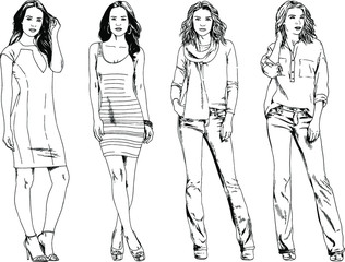 vector drawings on the theme of beautiful slim sporty girl in casual clothes in various poses painted ink hand sketch with no background