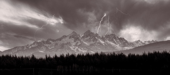 Lightening Strikes over Mountains during storm