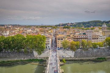 Fototapeta na wymiar Sep 26/2017 the view of St. Angelo Bridge from Castel Sant'Angelo terrace, Rome, Italy