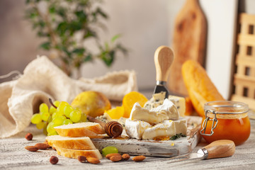 Cheese Brie and Dorblu or Gorgonzola on a board with grapes and honey. Italian food antipasti