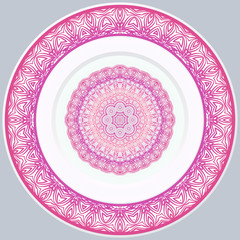 decorative plates for interior design. Empty dish, porcelain plate mock up design. Vector illustration. Decorative plates with Mandala ornament patterns. Home decor background