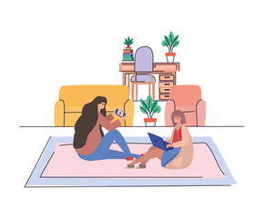 Girls with smartphone and laptop at home vector design