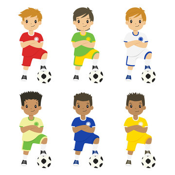happy boys wearing soccer jersey with different colors, arm crossed and left foot on a soccer ball.  Boys wearing soccer jersey vector set.