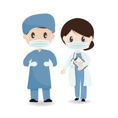 cute young doctors couple with face mask on corona virus safety eps10 vectors illustration