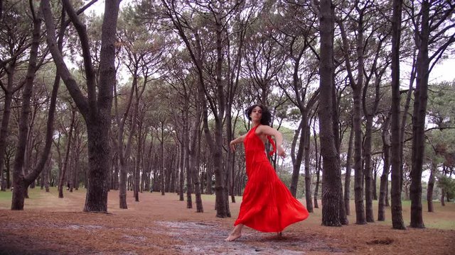 A Female Ballet Dancer Doing A Pirouette In The Middle Of The Muddy Grounds Of The Forest Park. -wide shot