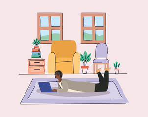 Boy with laptop at home vector design
