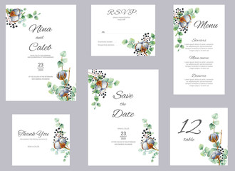 Fototapeta na wymiar Watercolor cotton and eucapyptus wedding invitation. Set with invitation, Save the date, Thank you card, RSVP, menu and table number on white marble background. Wedding set.