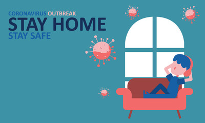Coronavirus outbreak. stay at home stay safe. keep calm and listen the music. flat vector design. 