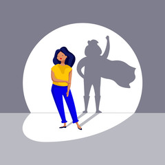 Woman with shadow superhero. Vector illustration flat style. Feminism, equal gender rights. Vector illustration