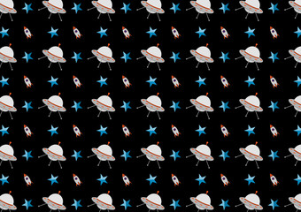 Abstract kid science pattern science pattern with spacecraft star rocket design vector black background. Concept via spacecraft icon suitable for background, wallpaper, website and room kids.