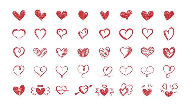 Set of red hearts. Hand drawn hearts. Vector illustration.