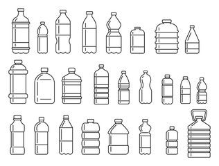 Plastic bottles for water outline icons set. Vector Plastic bottles for water outline collection isolated on white background for web and advertising - obrazy, fototapety, plakaty