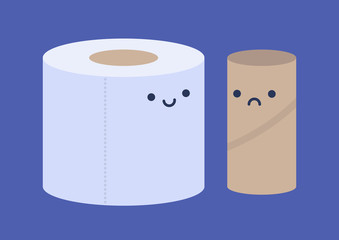 New roll of toilet paper vs finished carton tube, restroom hygiene, two cute mascots