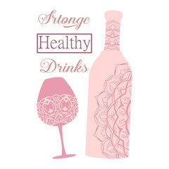 Style of unique bottle wine and glass champagne. Vector