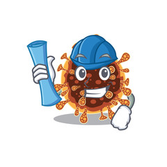 Smiling Architect of gamma coronavirus having blue prints and blue helmet
