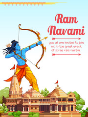 illustration of Lord Rama with bow arrow in Shree Ram Navami celebration background for religious holiday of India