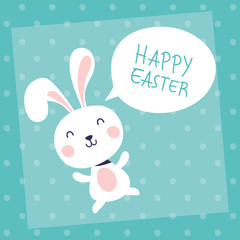 happy easter celebration card with rabbit and speech bubble