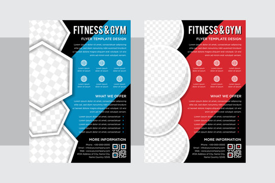 Vector horizontal layout design template for fitness center or other sport event. GYM Flyer template.  Blue, red and black shape fitness body building. hexagon and circle shape for photo collage.