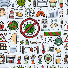 Bacteria and Viruses - Symptoms, Preventions and treatment. Infection, Sickness, Healthy. Seamless pattern for your print design fabric, wallpaper etc. Medical theme