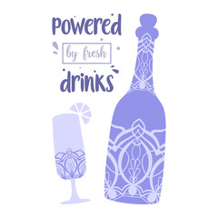 Purple beer glass and alcohol bottle for party. Vector