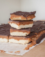 millionaire shortbread sliced and stacked 