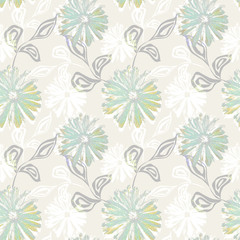 Seamless retro floral pattern.Yellow, green daisies on a beige background.
