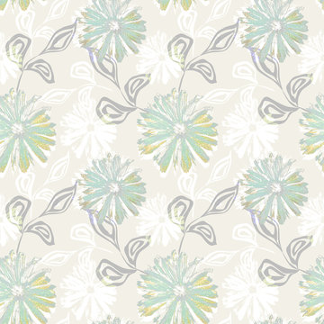 Seamless retro floral pattern.Yellow, green daisies on a beige background.