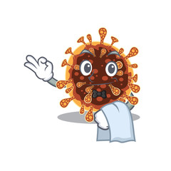 A design of gamma coronavirus cartoon character working as waiter