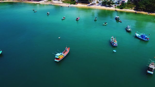 Phu Quoc beach, flight over a small local fishing village, Vietnam drone aerial footage