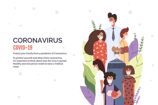 Group Of People Wearing Protective Medical Mask For Prevent Virus Covid-19. Concept Of Coronavirus Vector Illustration.