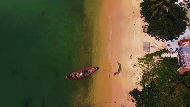 Phu Quoc beach, flight over a small local fishing village, Vietnam drone aerial footage
