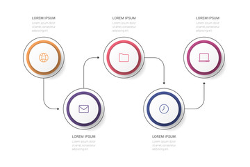 Business process. Timeline infographics with 5 options, circles. Vector illustration.