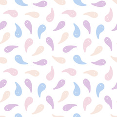 Cute pastel colors ghosts, abstract characters seamless pattern background.