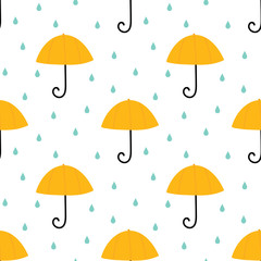 Cute cartoon style umbrella and water drops, rain seamless pattern background.