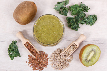 Freshly blended coctail from fruits and vegetables. Healthy dessert containing vitamins and minerals