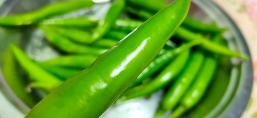 Full frame close up of a bunch of bright and shiny green chili peppers. Organic vegetables at the local food market.