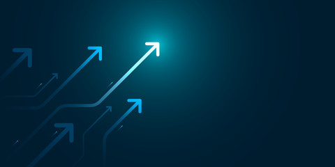 Light arrow circuit illustration with blue copy space background, digital growth concept.