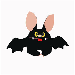 Vector stock illustration of a nocturnal rodent. Mammal. Cute funny toy bat. Halloween. The bat is an insectivorous predator. A friendly black bat with a big smile. Isolated on a white background.