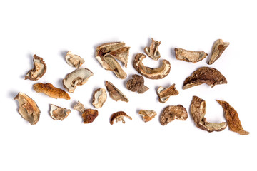Dry white mushroom on a white background. Isolate. Vegan and vegetarian food.