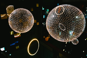 Big circle globe light like earth planet star in space or universe hang on the ceiling. in dark or...