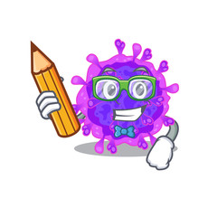 Fototapeta premium A smart student alpha coronavirus character with a pencil and glasses