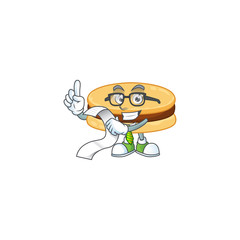 cartoon character of brown alfajor holding menu on his hand