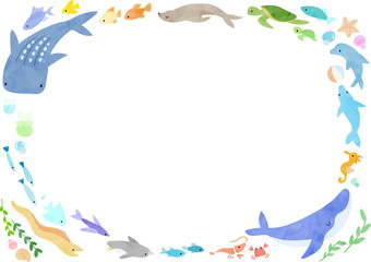 海の生き物のフレーム(絵本風)