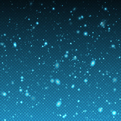 Falling winter christmas realistic snow on transparent background. Bokeh lights and flying snowflakes in the air. Overlay texture of winter Snowstorm. Vector heavy snowfall, snowflakes