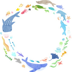 海の生き物のフレーム(絵本風)