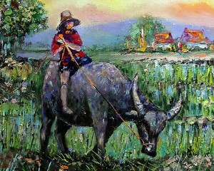 Art painting Oil color Hut northeast Thailand Countryside , Child riding a buffalo