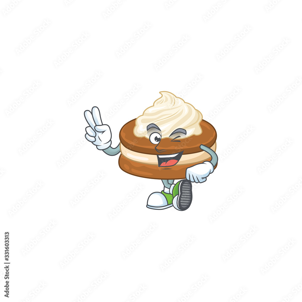 Sticker A joyful white cream alfajor mascot design showing his two fingers