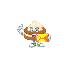 Cute face white cream alfajor mascot design holding an envelope