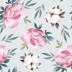 Seamless pattern of peonies, leaves and cotton in watercolor. Texture for textile design