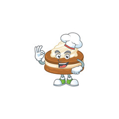 A picture of white cream alfajor cartoon character wearing white chef hat